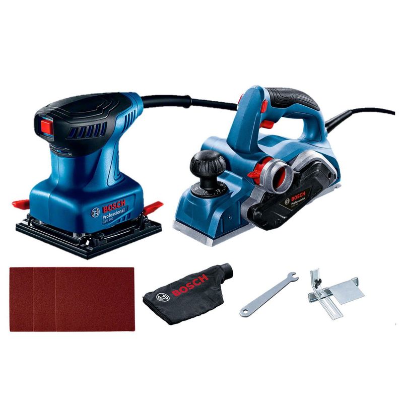 BOSCH - Cepillo Eléctrico 700W GHO 700 + Lijadora Orbital GSS 140 + 3 Hojas de Lija + Accesorios Bosch