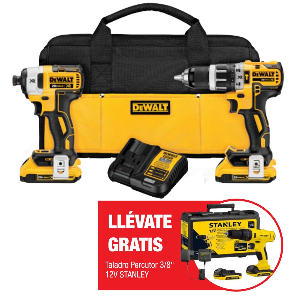 DEWALT - Taladro Percutor Atornillador Inalámbrico Dewalt DCD7781 + Esmeril Angular Dewalt DCG413 + Batería 5.0Ah 20V Max DCB205 + Cargador 12V/20V Max DCB115 + Taladro STANLEY SDH700K