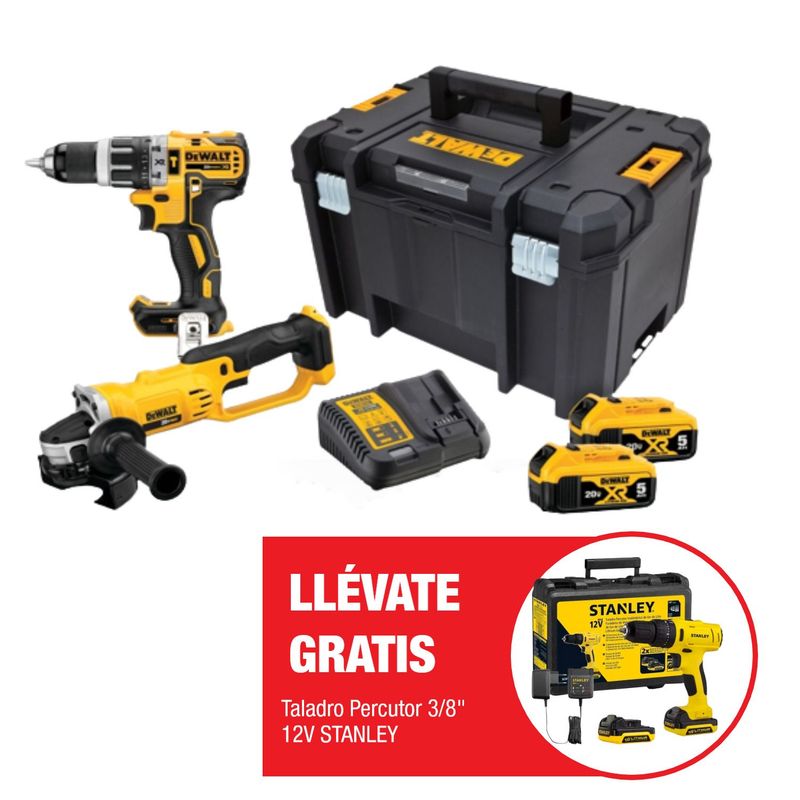 DEWALT - Taladro Percutor Inalámbrico Dewalt 1/2" 20V + Esmeril Angular Dewalt  4 1/2" 20V + 2 Baterías Premium 20V Max 5.0 Ah + Cargador + Caja de Herramientas + Taladro Stanley