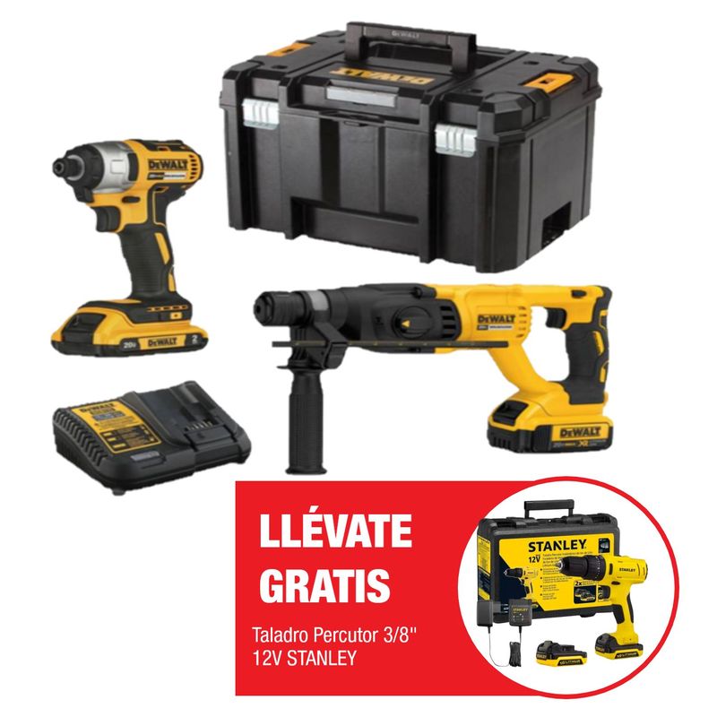 DEWALT - Rotomartillo Inalámbrico  20V 2.6J SDS Plus DCH133B + Atornillador de Impacto  1/4" 20V DCF7871D2 + Batería 5.0Ah 20V Max DCB205-B3 + Batería  2.0Ah 20V Max DCB203 + Cargador 12V/20V DCB115-B2 + Caja de Herramientas DWST17806 + Taladro Percutor SDH700K