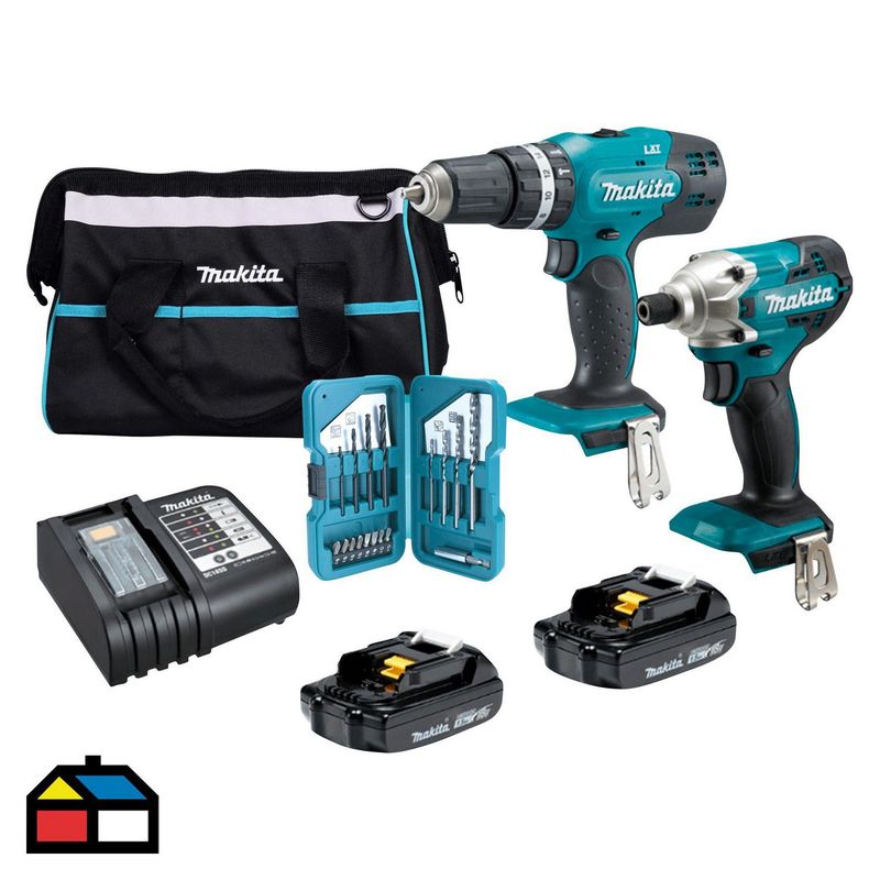 MAKITA - Taladro Inalámbrico Makita 1/2" + Atornillador Inalámbrico Makita DLX2336SYX + 2 Baterías1.5Ah + Cargador + Set de Accesorios 17 Piezas D-40200 + Maletín Makita