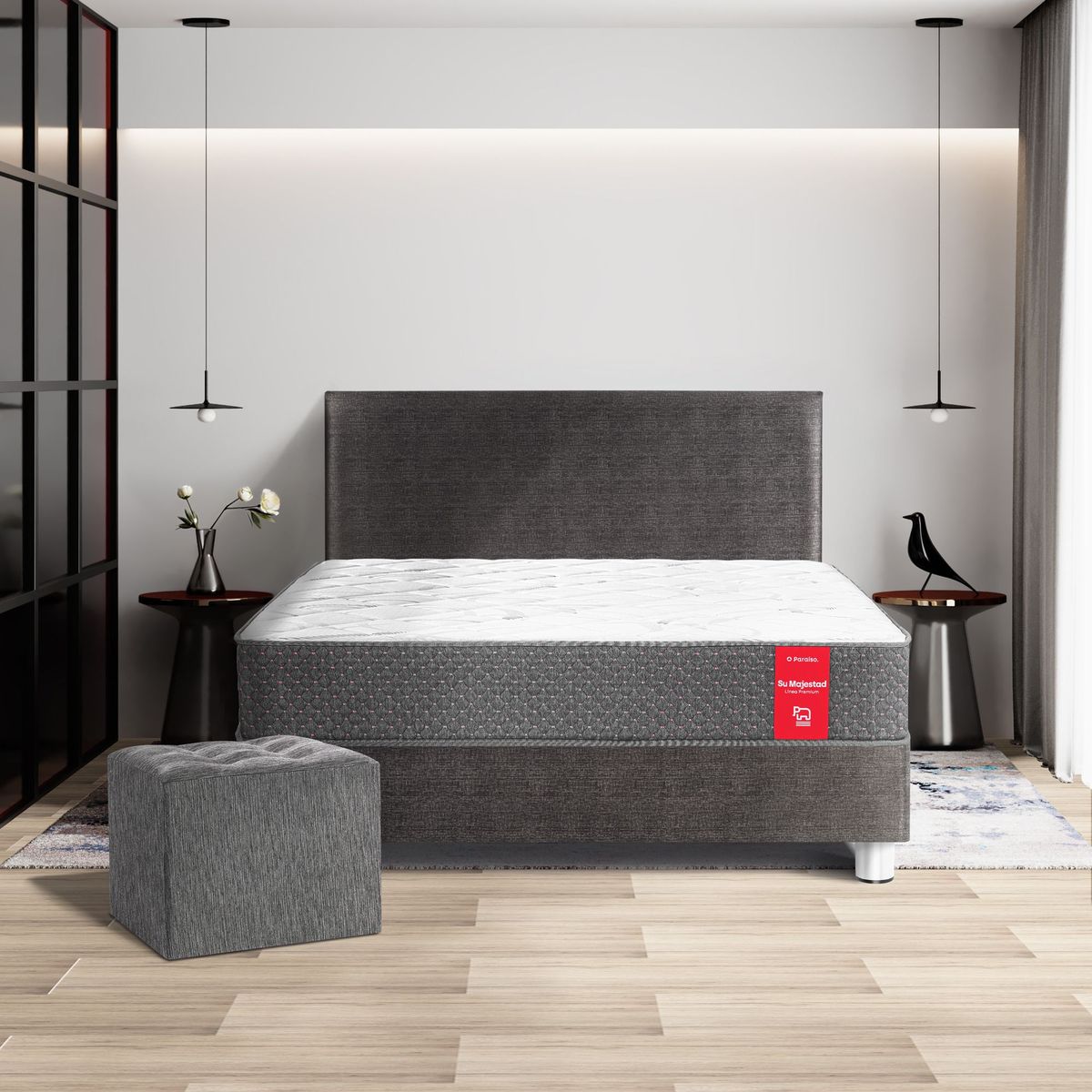 PARAISO - Dormitorio Su Majestad 2 Plazas + 2 Almohadas + Protector + Puff