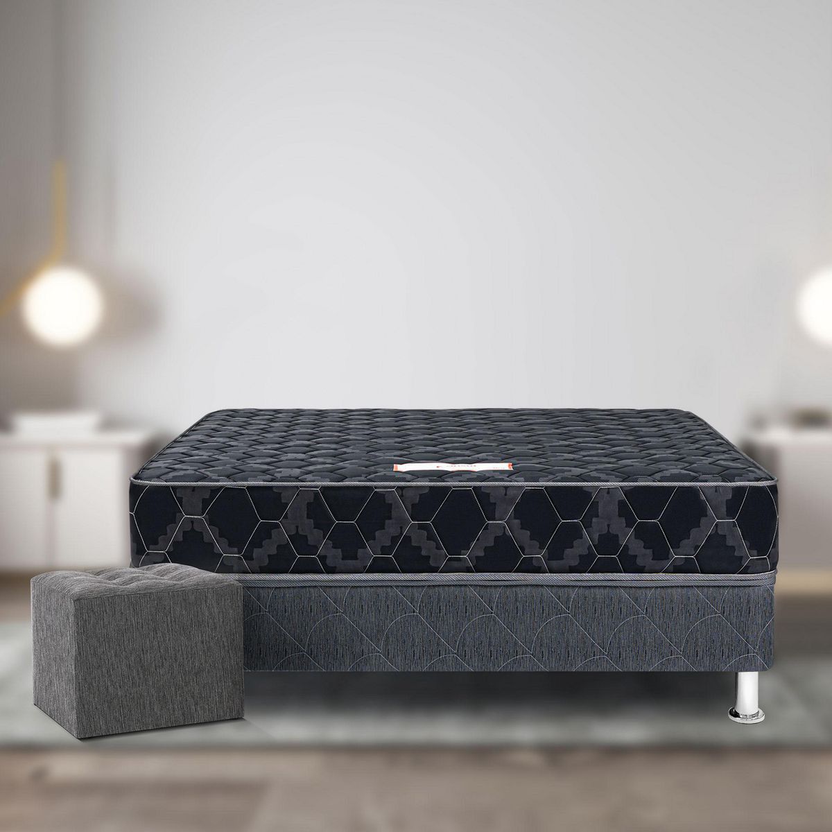 PARAISO - Cama Consul Black 2 Plazas + 2 Almohadas + Protector + Puff