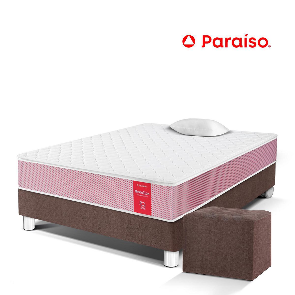 PARAISO - Cama Medallón 1.5 Plazas + Almohada + Protector + Puff