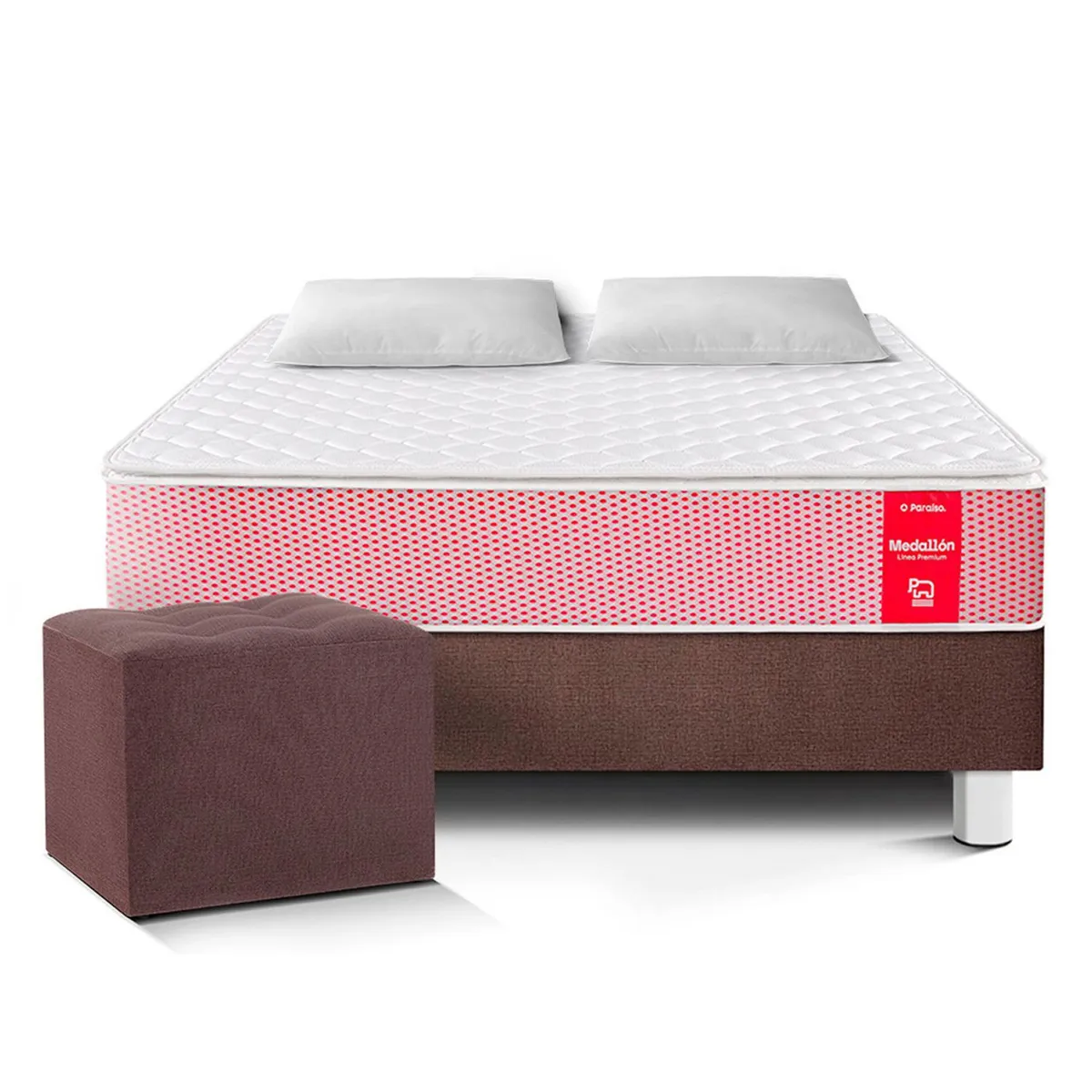 PARAISO - Cama Medallón 2 Plazas + 2 Almohadas + Protector + Puff
