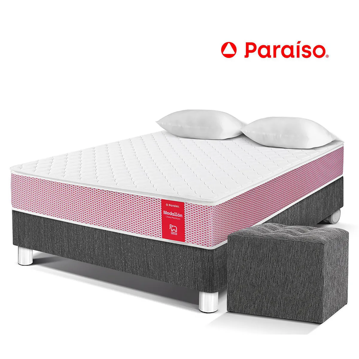 PARAISO - Cama Medallón 2 Plazas + 2 Almohadas + Protector + Puff