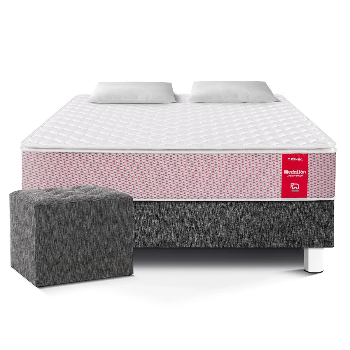 PARAISO - Cama Medallón 2 Plazas + 2 Almohadas + Protector + Puff