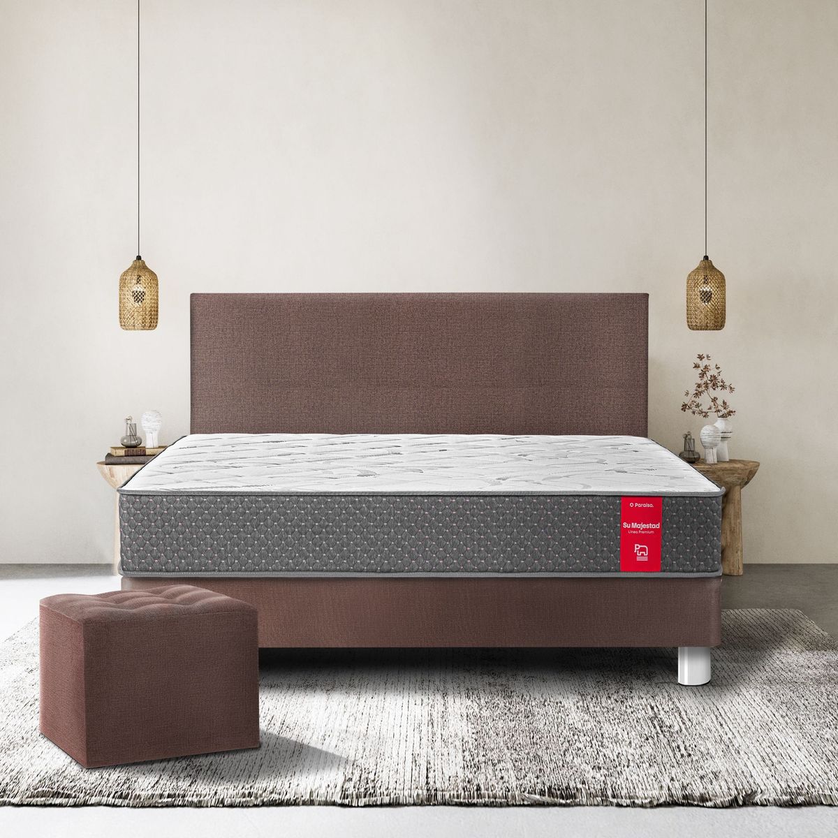 PARAISO - Dormitorio Su Majestad 2 Plazas + 2 Almohadas + Protector + Puff