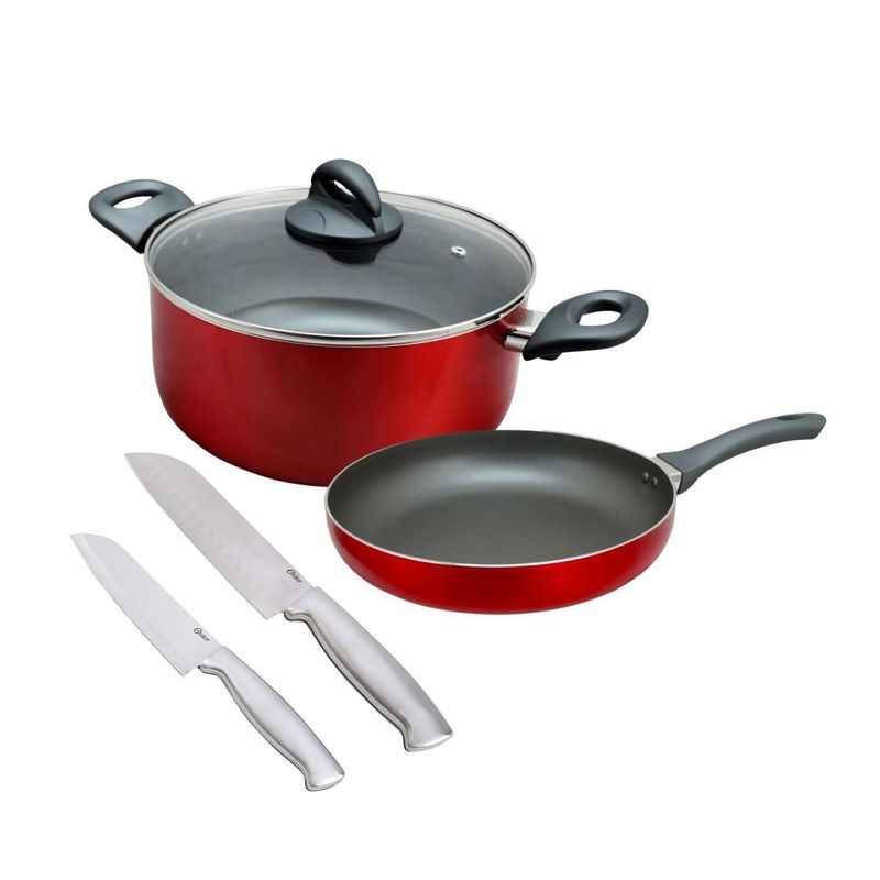 OSTER - Combo Olla y Sartén + Cuchillos Rojo 4 Piezas
