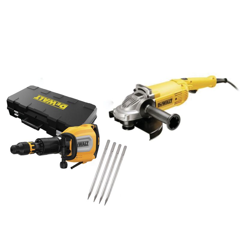 DEWALT - Martillo Demoledor SDS MAX Dewalt  1700W BRUSHLESS + 4 Puntas D25911K-K1 + Amoladora Angular Electrica Dewalt  7" 2200W DWE491 