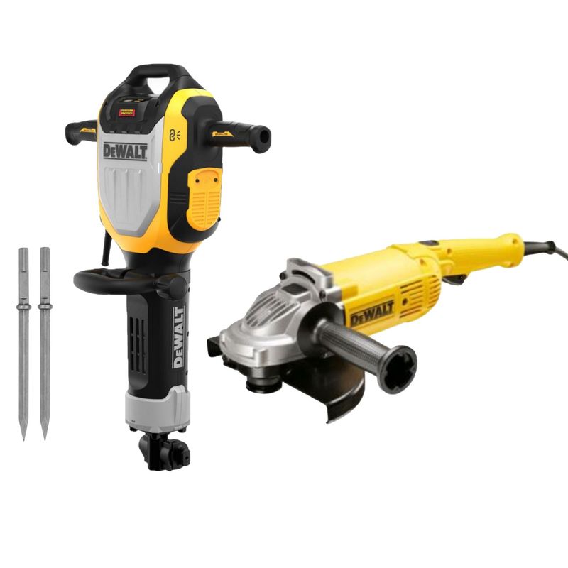 DEWALT - Martillo Demoledor Eléctrico 1800W + 2 Puntas D25966-K1 Dewalt + Amoladora Angular Electrica 9" 2200W DWE490 Dewalt