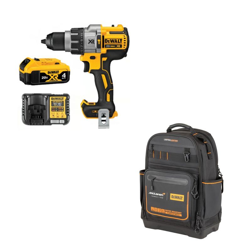 DEWALT - Taladro Percutor Inalámbrico Dewalt 1/2" 20X MAX XR+ Batería 4Ah + Cargador Dewalt + Mochila Mclaren F1 Team Pro Dewalt