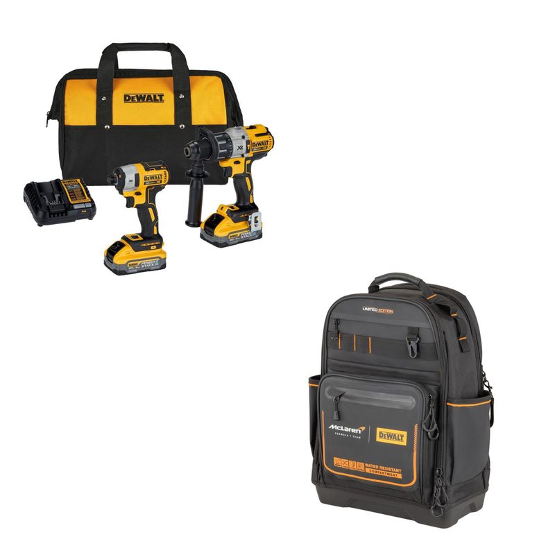 DEWALT - Taladro Percutor Inalámbrico Dewalt 1/2" 3V DCD996 + Atornillador de Impacto DCF887 + 2 Baterías 5Ah + Cargador + Bolso Lona + Mochila Mclaren F1 Team Pro Dewalt