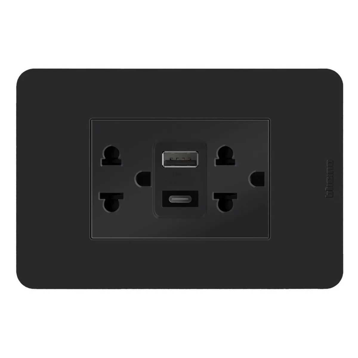 BTICINO - Tomacorriente Doble P/T + 2 Tomas USB A-C Matix GO Negro
