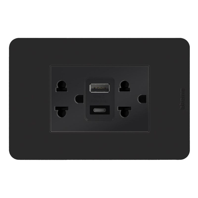 BTICINO - Tomacorriente Doble P/T + 2 Tomas USB A-C  Matix GO Negro