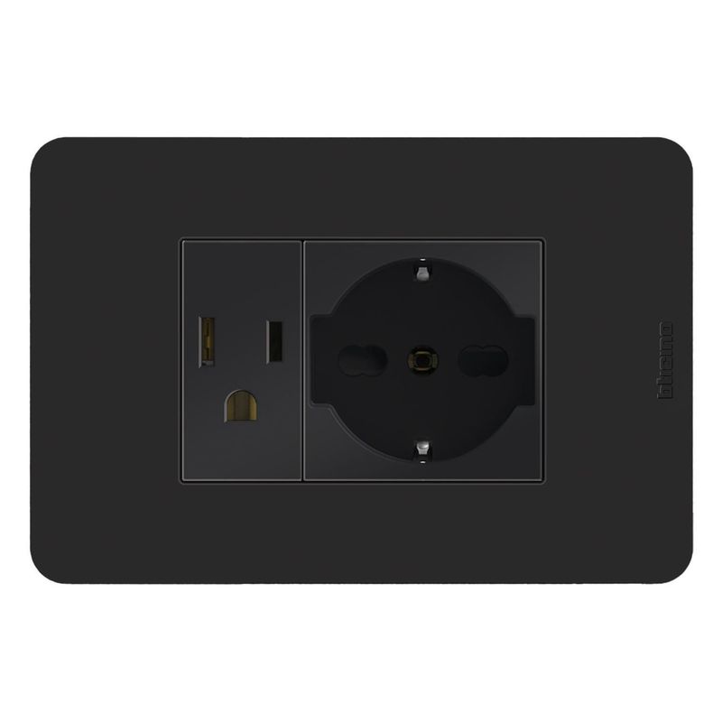 BTICINO - Tomacorriente Americano + Tomacorriente Schuko  Matix GO Negro