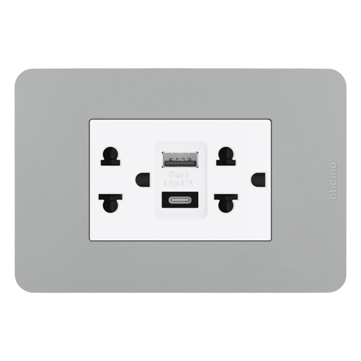 BTICINO - Tomacorriente Doble P/T + 2 Tomas USB A-C Matix GO Gris