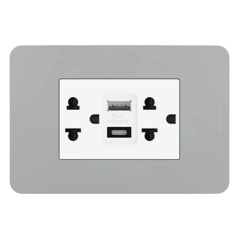 BTICINO - Tomacorriente Doble P/T + 2 Tomas USB A-C Matix GO Gris