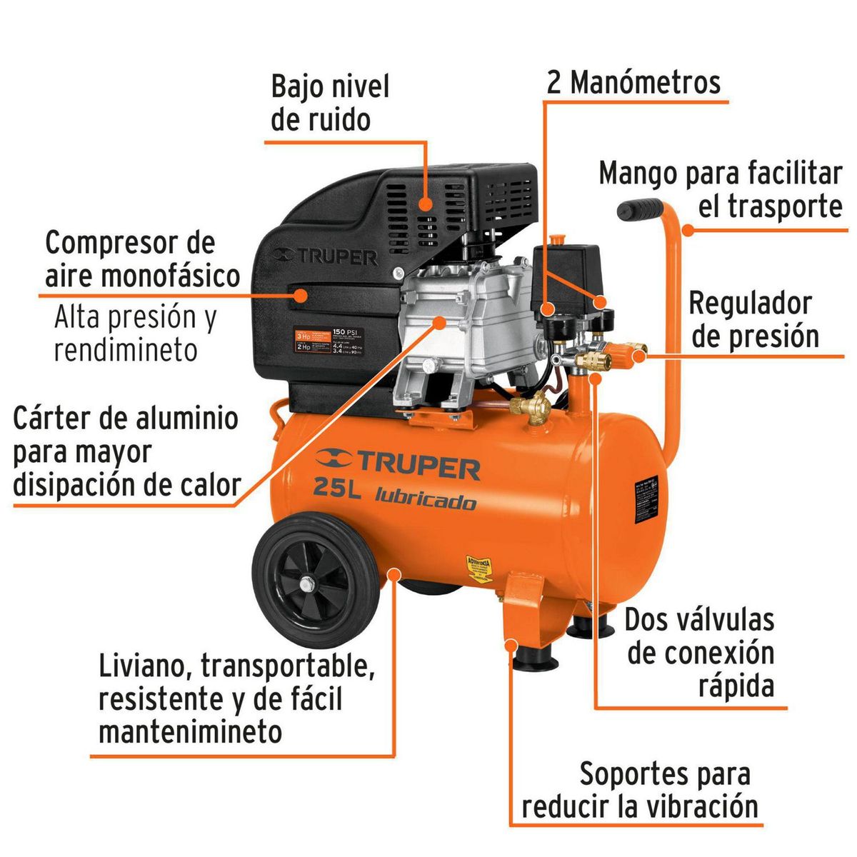 TRUPER - Compresora de Aire Truper 25 Lt 3HP + Kit Manguera con Pistola