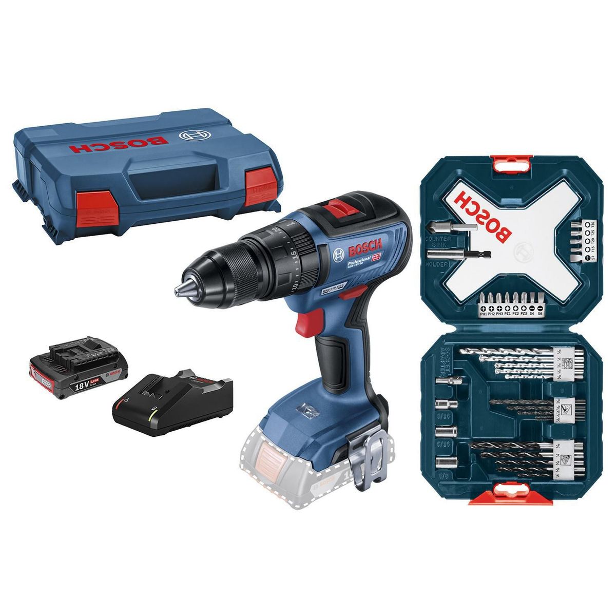 BOSCH - Taladro inalámbrico Bosch GSB 18V-50 + 1 bat + maletín + Set de Puntas y Brocas Bosch X-Line 34 unid