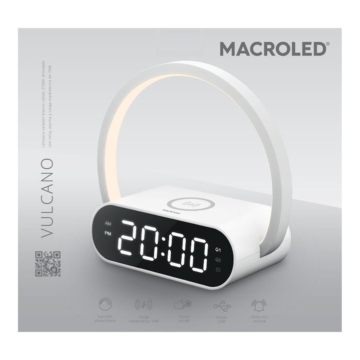  - Lámpara de Mesa LED con Reloj Despertador Vulcano Carga Rápida Inalámbrica