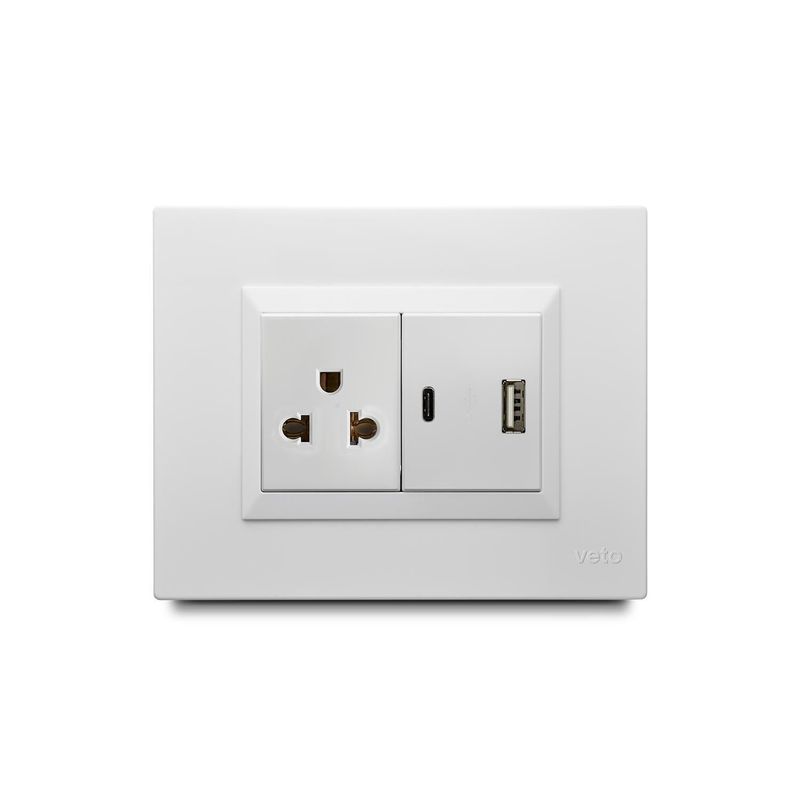 VETO - Tomacorriente P/T + 2 Tomas USB A-C Plura Blanco