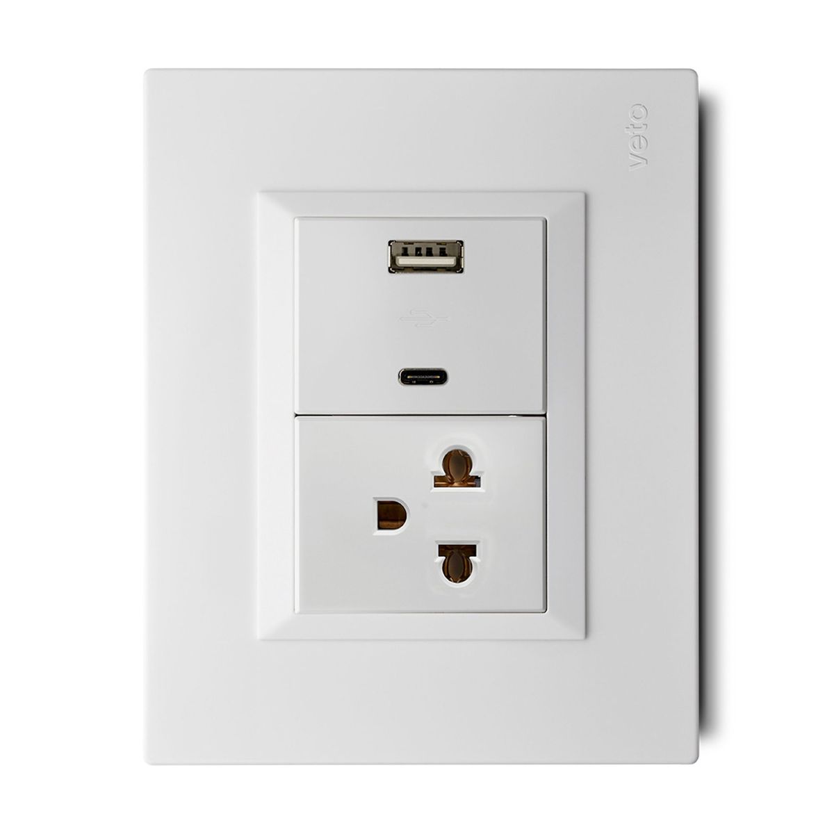 VETO - Tomacorriente P/T + 2 Tomas USB A-C Plura Blanco