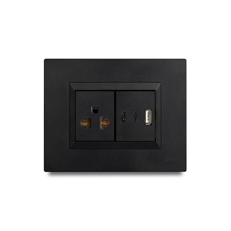 VETO - Tomacorriente P/T + 2 Tomas USB A-C Plura Negro