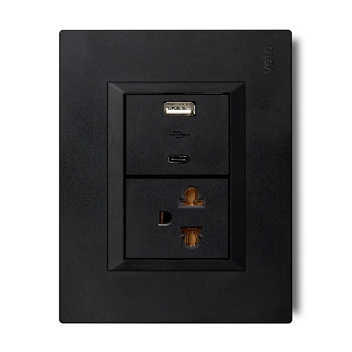 VETO - Tomacorriente P/T + 2 Tomas USB A-C Plura Negro