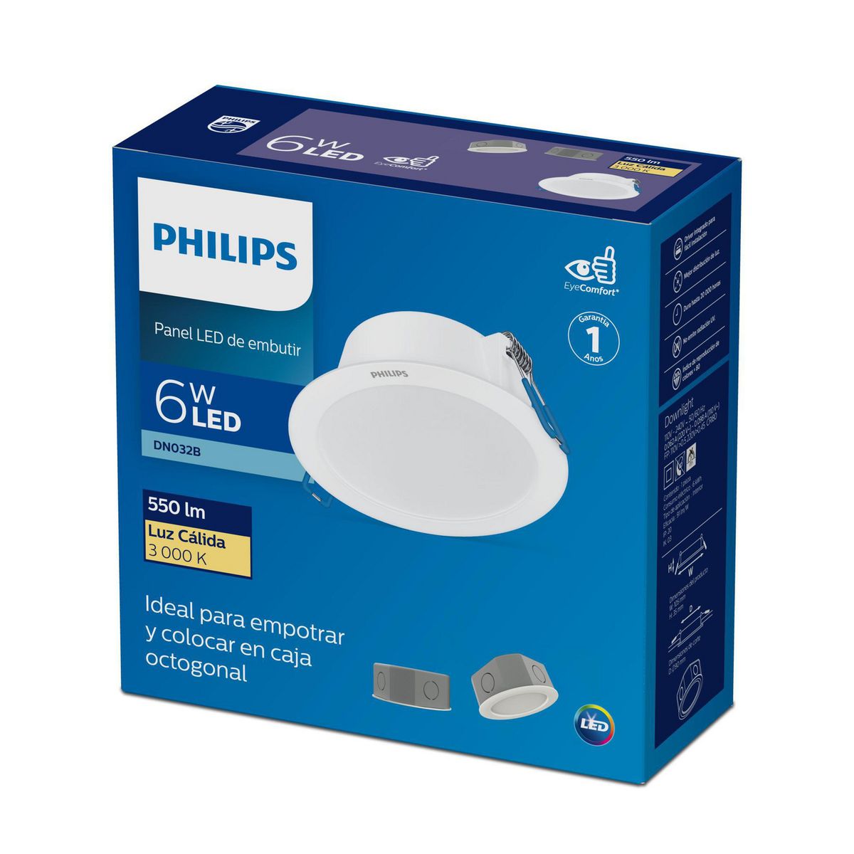 PHILIPS - Downlight Empotrable Caja Octogonal Luz Cálida 6W