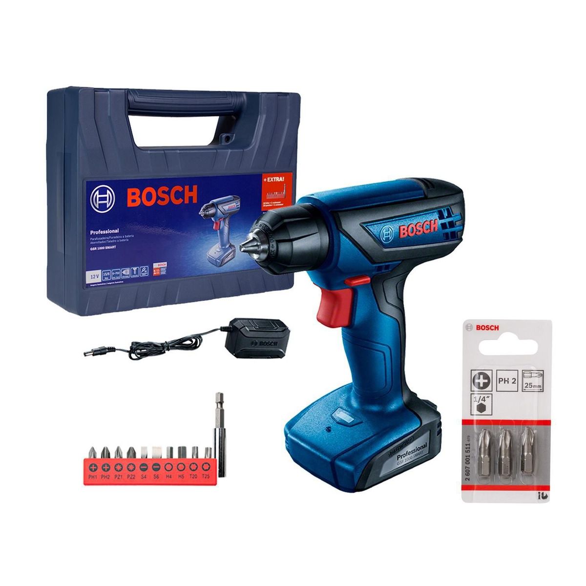 BOSCH - Taladro Atornillador Inalámbrico 1/4" Bosch 12V GSR 1000 Smart + Cargador + Punta para Atornillar Phillips 3 Piezas Bosch