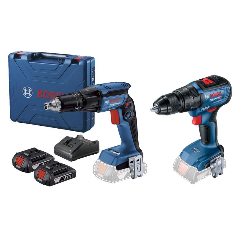 BOSCH - Taladro Atornillador Percutor Inalámbrico Bosch 1/2" GSB 18V-50 + Atornillador para Drywall Bosch GTB 185-LI + 2 Baterías + Cargador + Maletín 