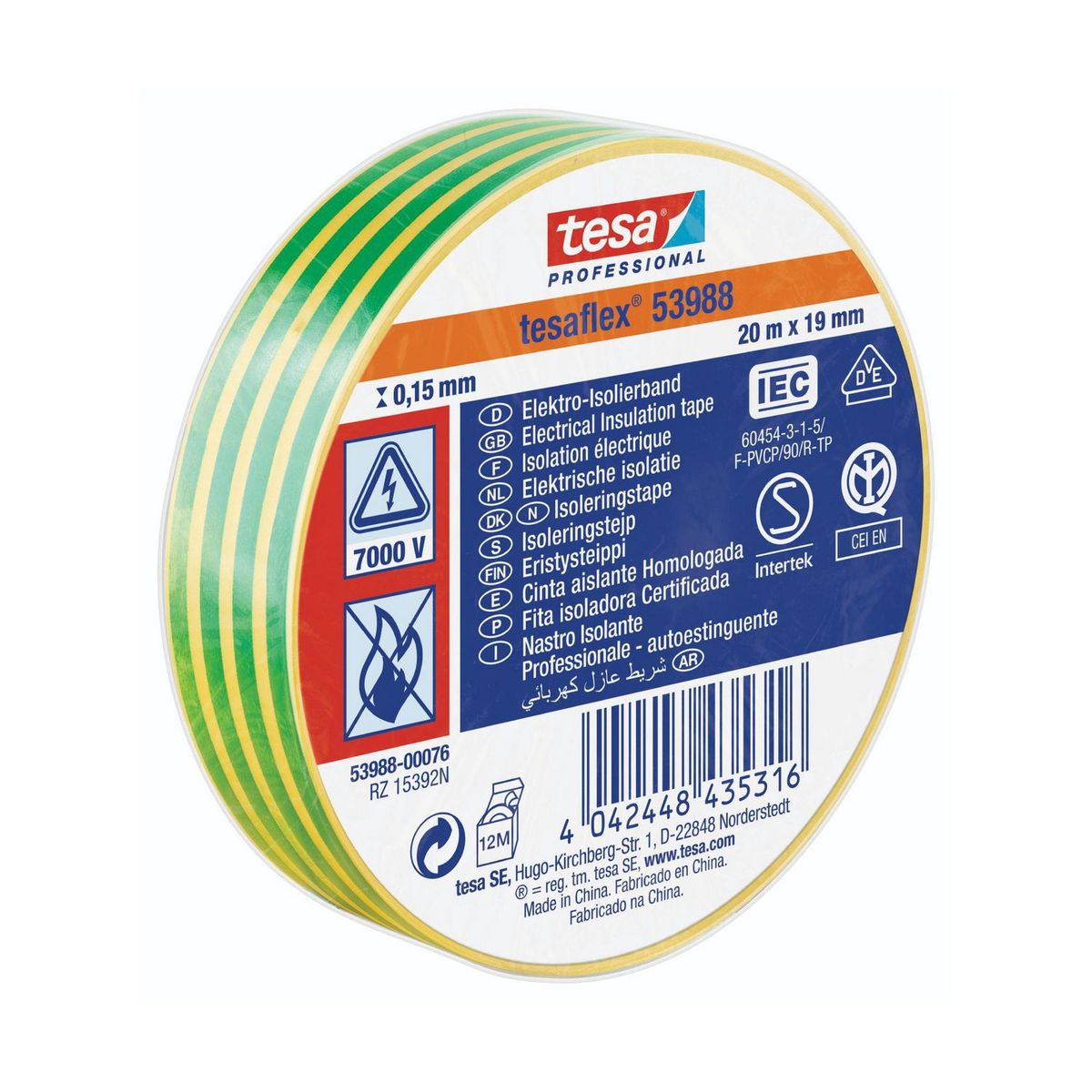 TESA - Cinta Aislante Tesaflex 20MX19MM Amarillo/Verde