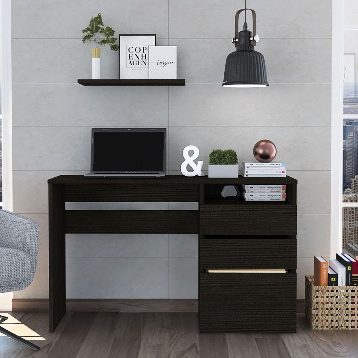 TUHOME - Escritorio Negro Melamina Dublin con Cajonera