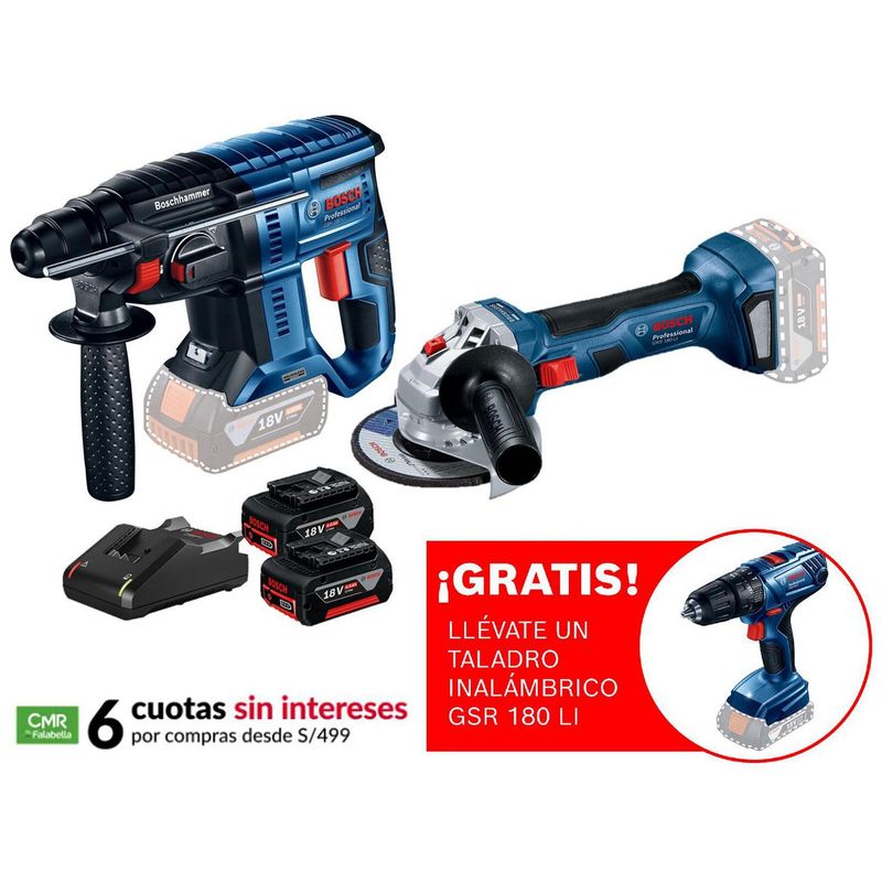 BOSCH - Amoladora inalámbrica 18V Bosch GWS 180-LI + Rotomartillo inalámbrico 18V Bosch GBH 180-LI Brushless + 2 baterías + Regalo: Taladro Atornillador Inalámbrico 18V Bosch GSR 180-LI