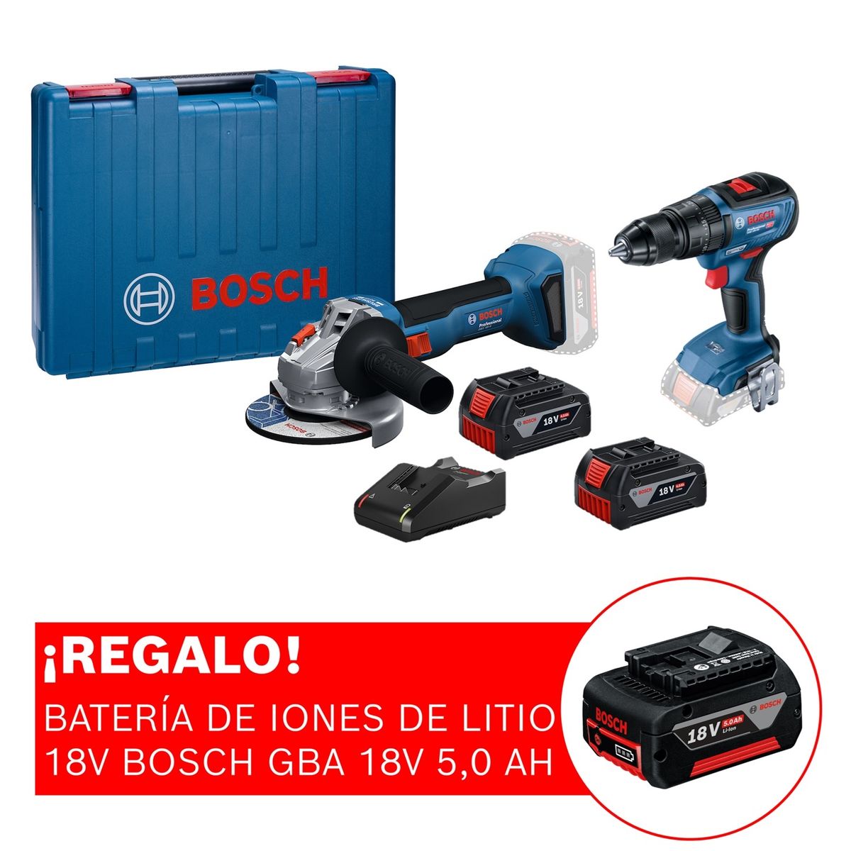 BOSCH - Amoladora inalámbrica Bosch GWS 18V-8 + 2 Baterías 4 AH + Cargador + Maletín Plástico + Taladro Atornillador percutor 18V GSB 18V-50 Brushless + ¡REGALO! Batería 5 AH