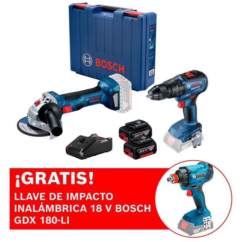 BOSCH - Amoladora inalámbrica 18V Bosch GWS 180-LI + Taladro Atornillador percutor Bosch GSB 18V-50 Brushless + ¡REGALO! Llave de impacto inalámbrica 18 V Bosch GDX 180-LI + 2 baterías