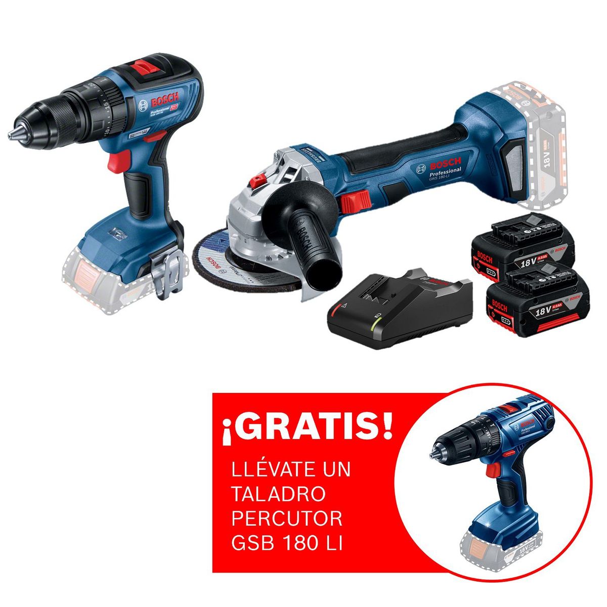 Amoladora inalámbrica Bosch 18V GWS 180-LI + Taladro Atornillador percutor Bosch GSB 18V-50 Brushless + 2 baterías + maletín plástico + Regalo: Taladro Atornillador Percutor Bosch GSB 180-LI, marca BOSCH - Foto Principal