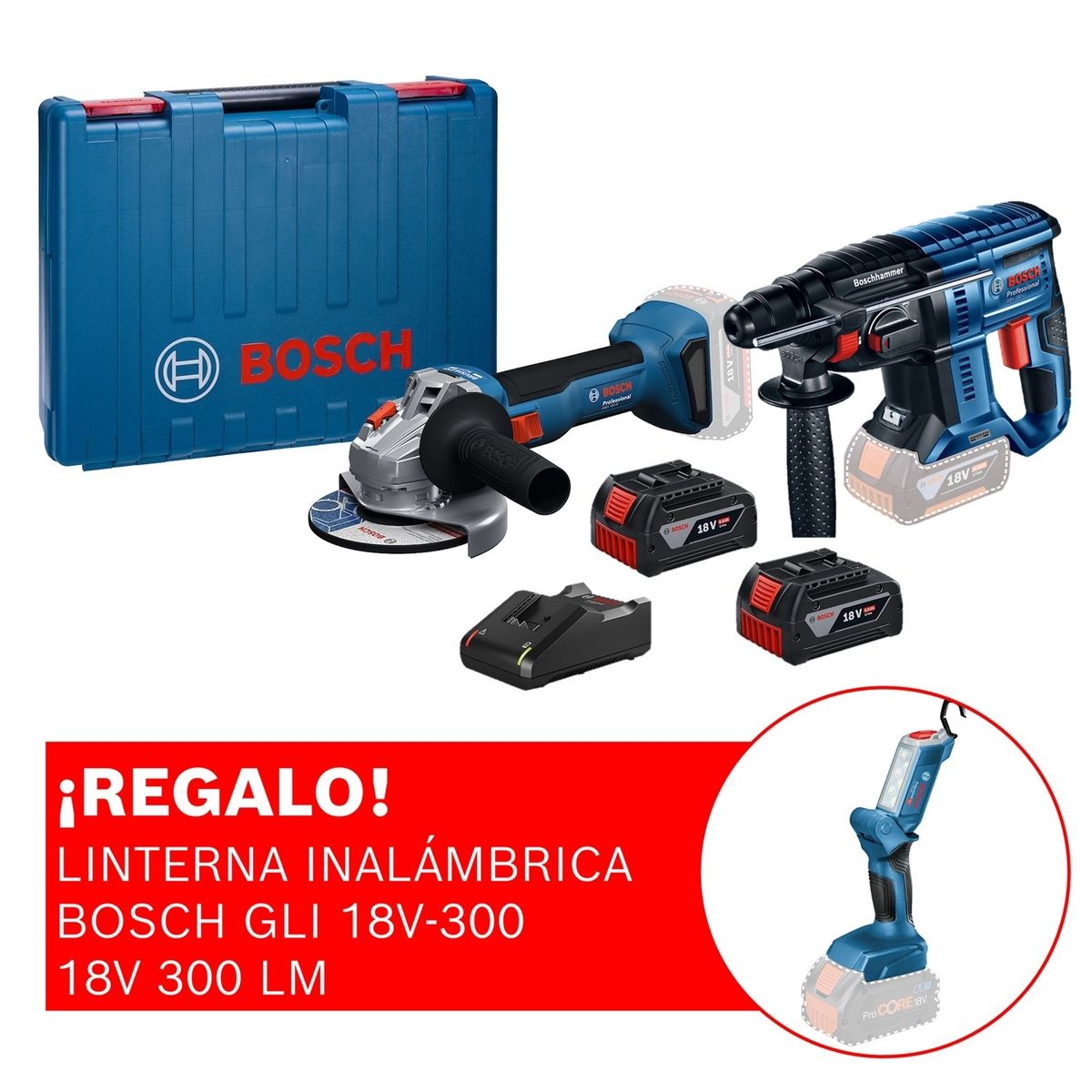 BOSCH - Amoladora inalámbrica Bosch GWS 18V-8 + 2 Baterías 4 AH + Cargador + Maletín Plástico + Rotomartillo GBH 180 LI Brushless + ¡REGALO! Linterna Inalámbrica GLI 18V-300