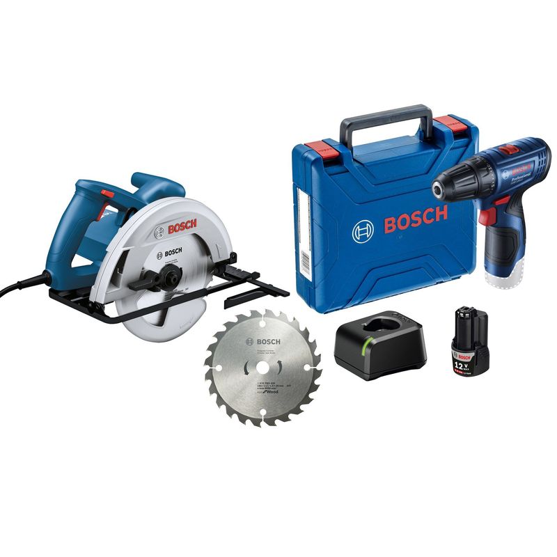 BOSCH - Sierra circular Bosch GKS 130 + Taladro atornillador Bosch GSR 120-LI + 1 batería + 1 disco de corte 24 Dientes + maletín de plástico