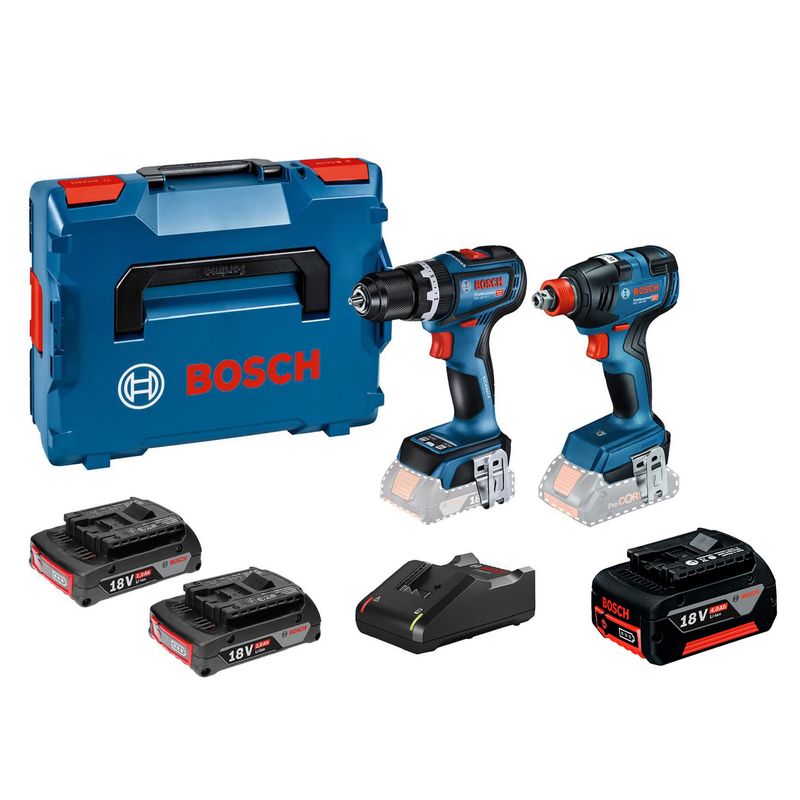 BOSCH - Taladro  Atornillador Percutor 90NM GSB 18V-90 BRUSHLESS + Llave Impacto 18V GDX 18V-200 BRUSHLESS + 2 Baterías + 1 Cargador + 1 Maletín Bosch + Batería de Iones de Litio 18V GBA 18V 4.0Ah Bosch