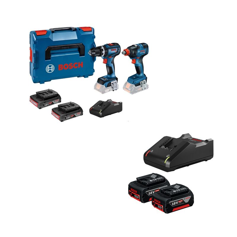 BOSCH - Taladro  Atornillador Percutor Bosch 90NM GSB 18V-90 BRUSHLESS + Llave Impacto Bosch 18V GDX 18V-200 BRUSHLESS + 2 Baterías + 1 Cargador + 1 Maletín Bosch + kit Bosch 2 Baterías GBA 18V 4,0 A 1 + Cargador GAL 18V-40 Bivolt