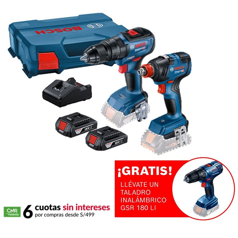 BOSCH - Taladro Atornillador percutor Bosch GSB 18V-50 + Llave de impacto inalámbrica ¼ y ½" Bosch GDX 18V-200 + 2 baterías + maletín plástico + Regalo : Taladro Atornillador Inalámbrico 18V Bosch GSR 180-LI