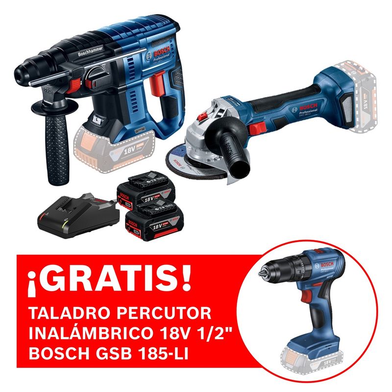 BOSCH - Amoladora inalámbrica 18V Bosch GWS 180-LI + Taladro Atornillador percutor Bosch GSB 18V-50 Brushless + ¡REGALO! Taladro percutor inalámbrico 18V 1/2" Bosch GSB 185-LI