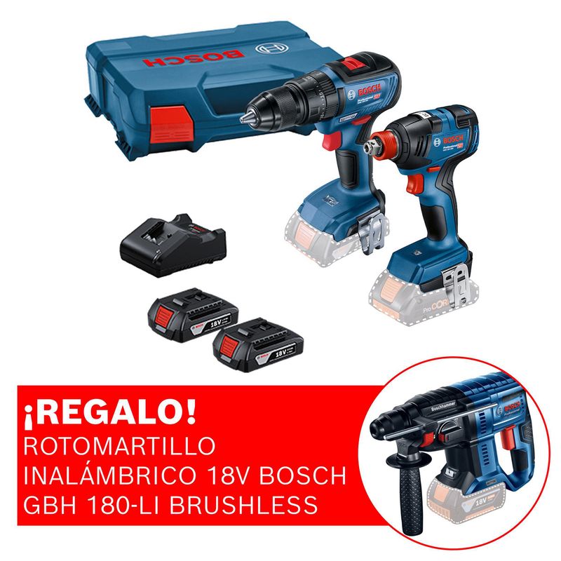 BOSCH - Taladro Atornillador percutor Bosch GSB 18V-50 + Llave de impacto inalámbrica ¼ y ½" Bosch GDX 18V-200 + 2 baterías + maletín plástico + Regalo: Taladro Atornillador Percutor Bosch GSB 180-LI