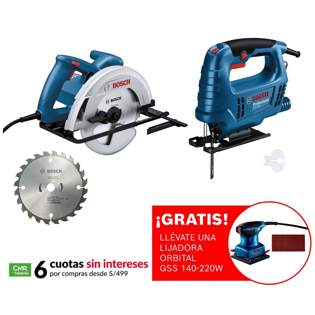 BOSCH - Sierra Circular Bosch GKS 130 + 1 Disco de Corte 24 Dientes + Sierra Caladora Bosch GST 680-500W + 1 Hoja de Corte + Lijadora Orbital Bosch GSS 140-220W + 1 Lija
