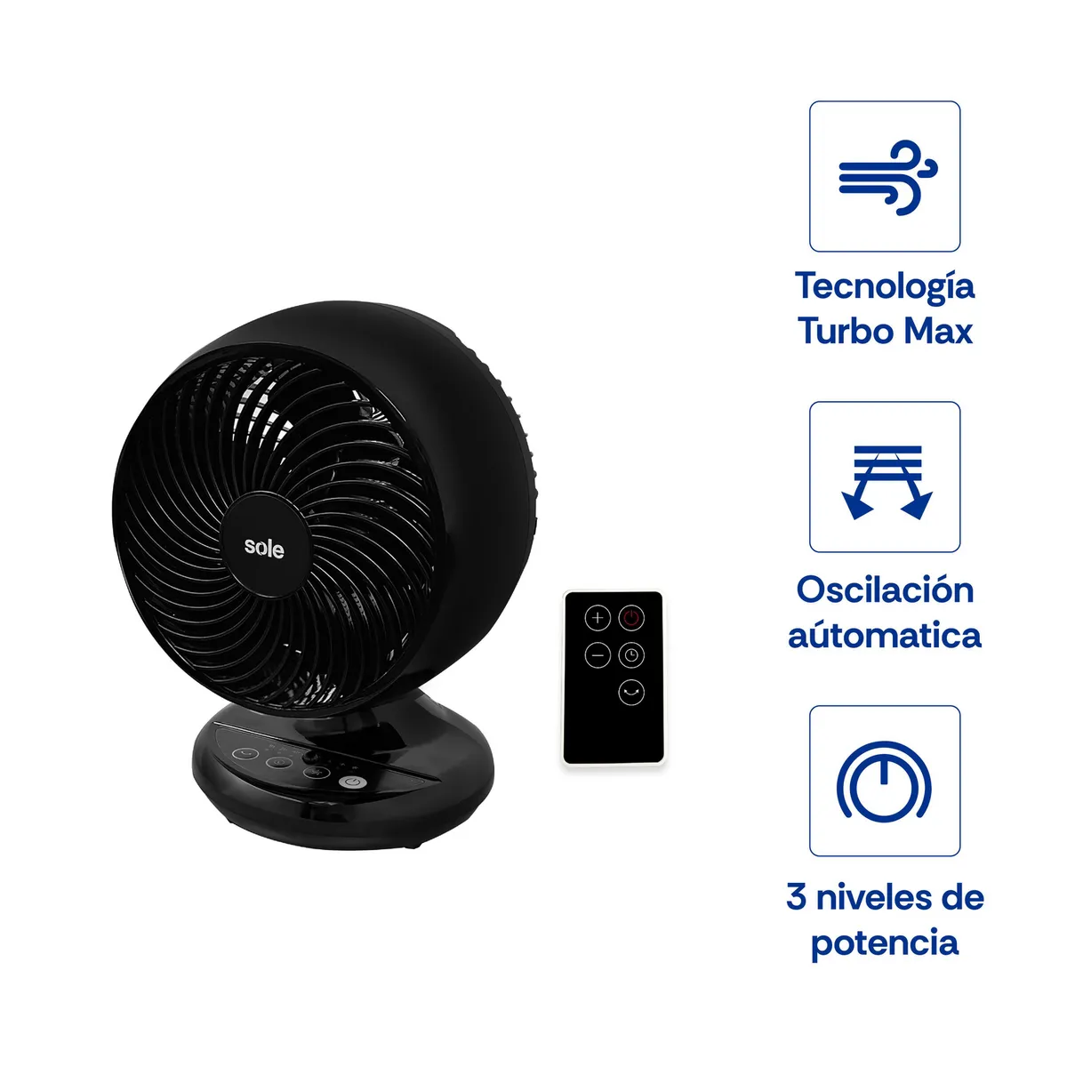 SOLE - Ventilador De Mesa Plástico 3 Velocidades  30W  Sole Turbomax Negro