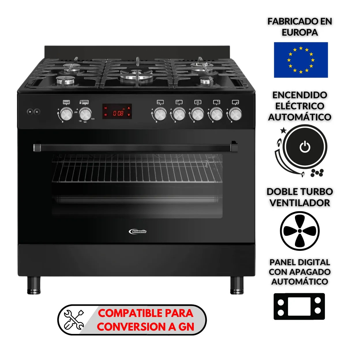 KLIMATIC - Cocina a Gas 5 Hornillas Accent Negro