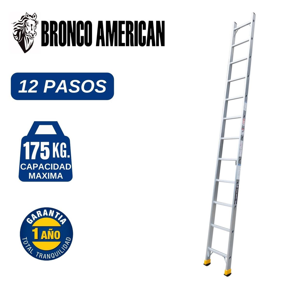BRONCO AMERICAN - Escalera Aluminio Arrimo de 12 Pasos. Cap. Carga Maxima: 175 Kg. Bronco American