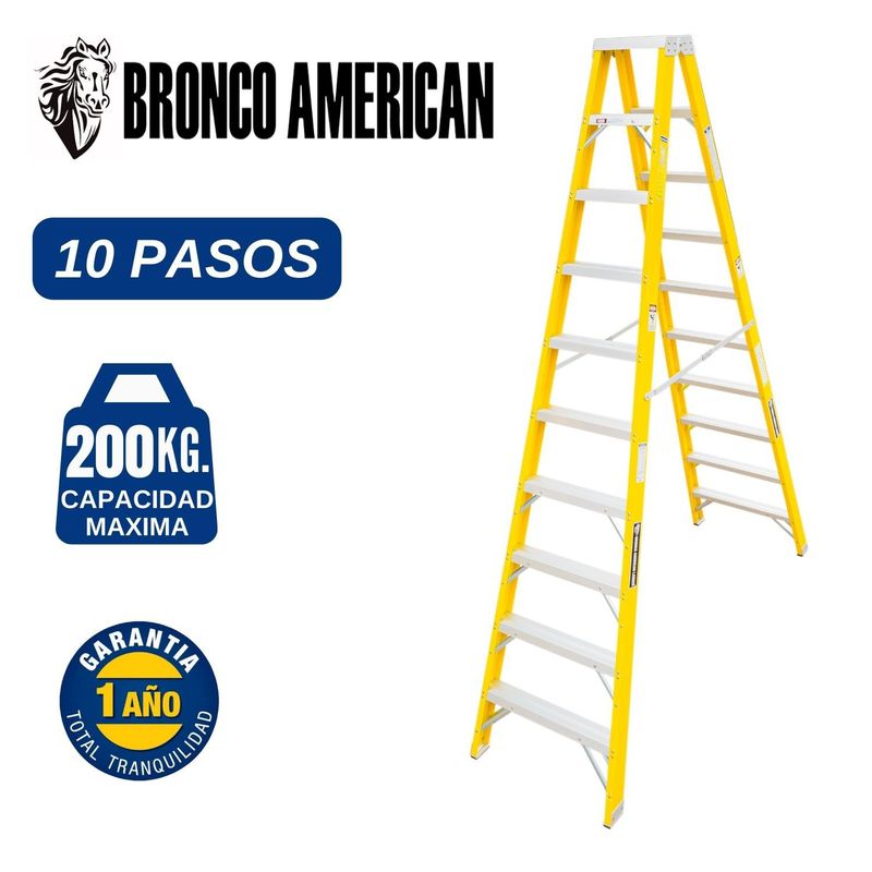 BRONCO AMERICAN - Escalera Fibra de Vidrio Tijera Doble Ascenso de 10 Pasos. Cap. Carga Maxima: 200 Kg. Bronco American